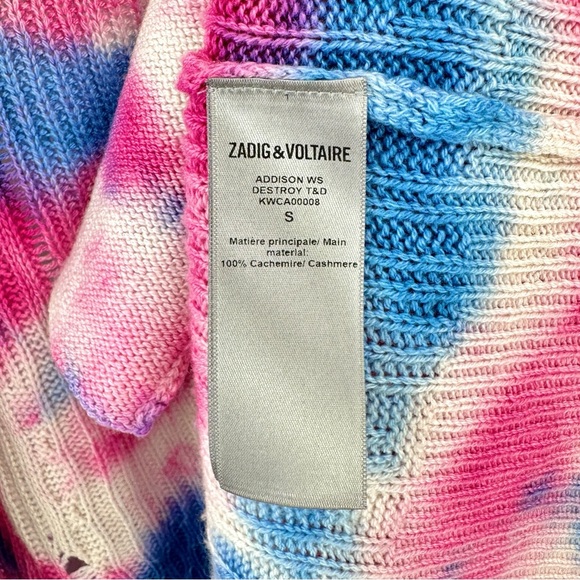 Zadig & Voltaire White Pink Blue Tie Dye Open Knit Relaxed Fit Cashmere Cardigan - Picture 9 of 10